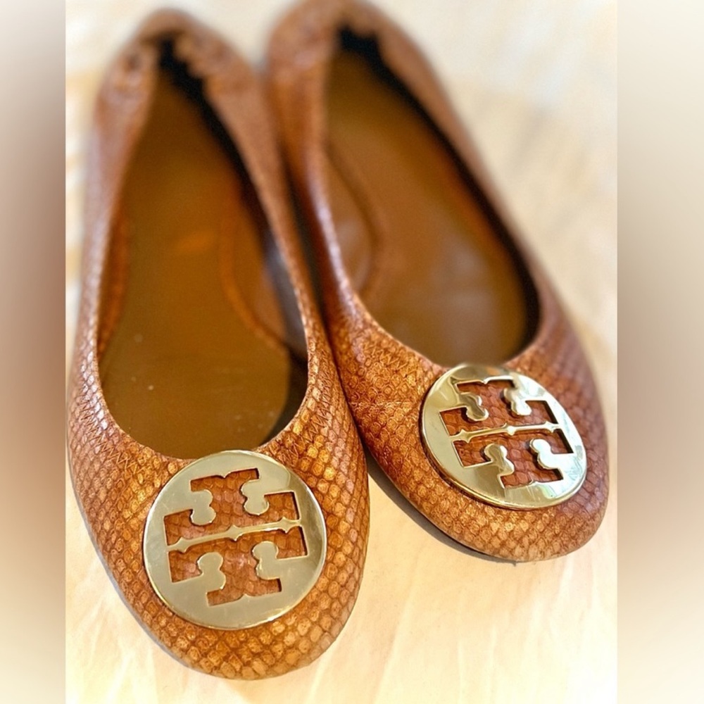 Rare! Tory Burch “Reva” flat, brown snakeskin with gold hardware. Hard to find